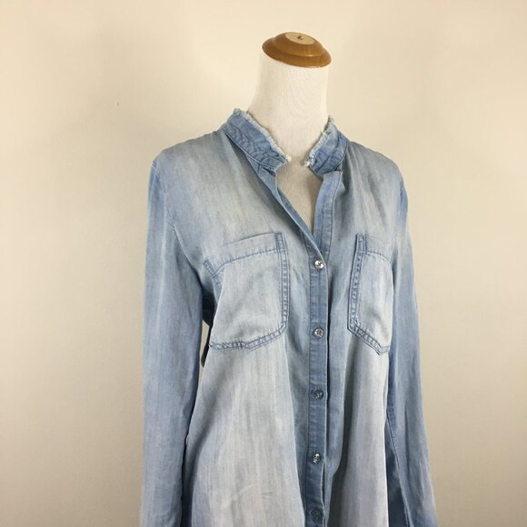 CLOTH & STONE Anthropologie Blue High Low Fringe Hem Chambray Button Shirt Dress - Picture 4 of 16